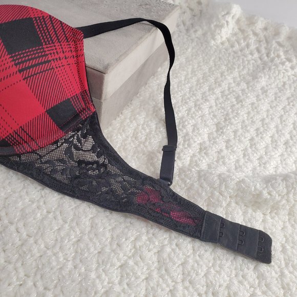 La Senza REMIX Push Up Plunge Bra: Light Red & Black Plaid with Black Lace - Picture 4 of 7